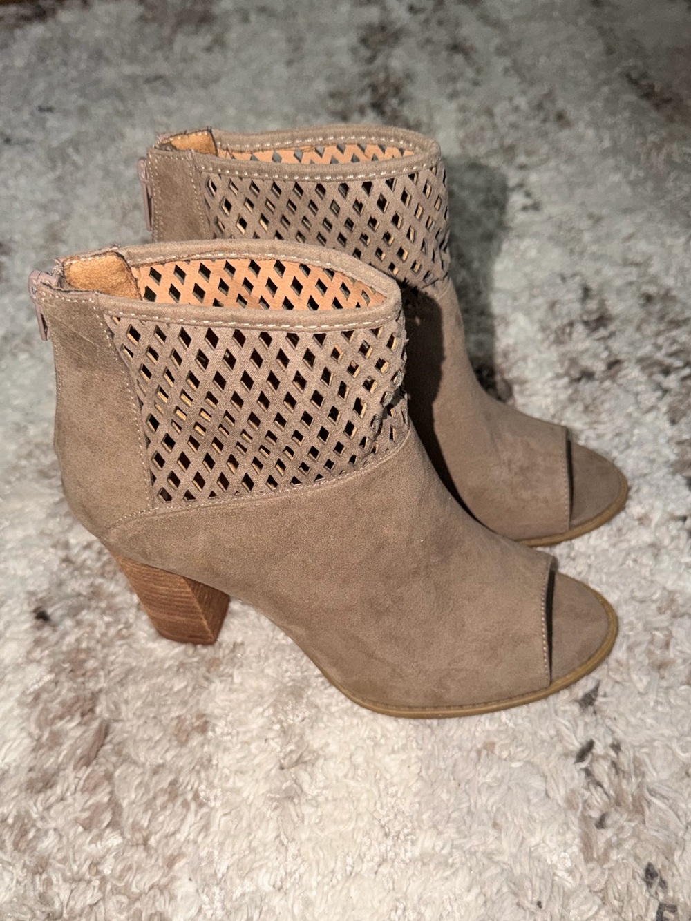 Taupe Peep Toe Laser Cut Ankle Booties Size 6